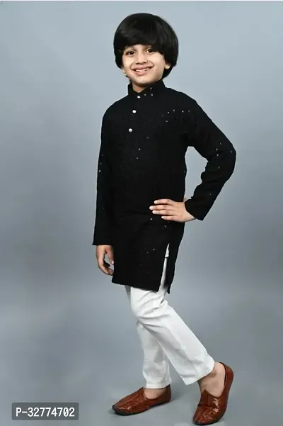 Elegant Black Cotton Blend Embroidered Kurta Pajama Set For Boys-thumb2