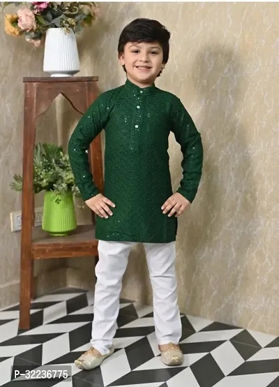 Elegant Green Cotton Blend Embellished Kurta with Pajama Set For Boys-thumb0