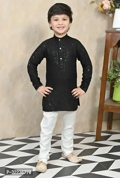 Elegant Black Cotton Blend Embellished Kurta with Pajama Set For Boys-thumb0