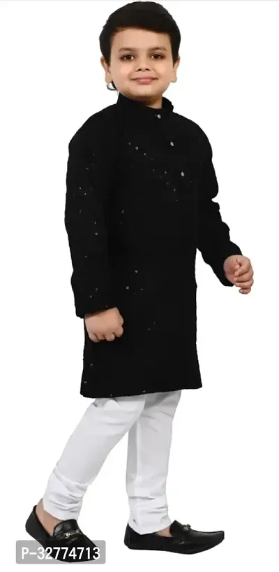 Elegant Black Cotton Blend Embroidered Kurta Pajama Set  For Boys-thumb3