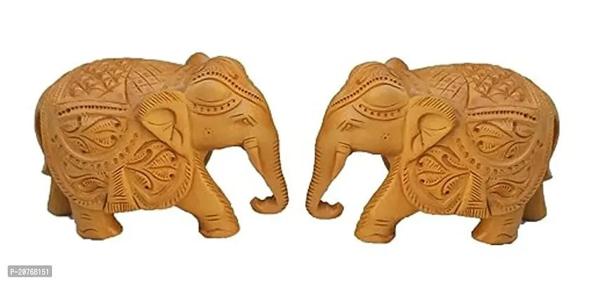Wooden Hand Carved Elephant Trunk Down With Detailed Hand Work Showpiece Gift Item (3 Inch, Brown, Set Of 2)