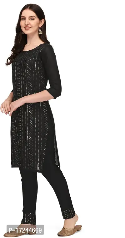 Elegant A-Line Black Embroidered Cotton Rayon Kurta with Pant Set For Women-thumb3