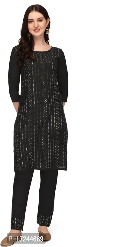 Elegant A-Line Black Embroidered Cotton Rayon Kurta with Pant Set For Women-thumb0