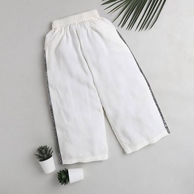 Solid Side Glitter Lace Ribbon Palazzo Pants For Girls-White