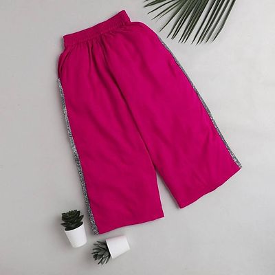 Solid Side Glitter Lace Ribbon Palazzo Pants For Girls-Fuchsia