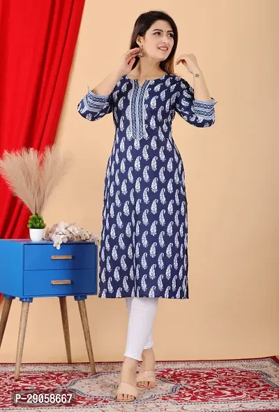 cuteshe Women Block Print Straight Kurta Dark Blue White-thumb0