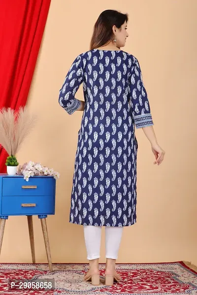 cuteshe Women Block Print Straight Kurta Dark Blue White-thumb2