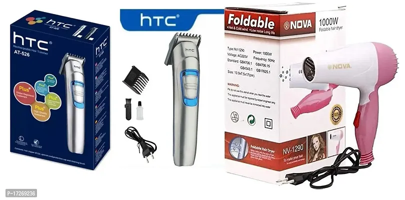 Htc At-526 Rechargeable Hair Trimmer For Men And Foldable Hair Dryer 1000W Pack Of 2 Combo