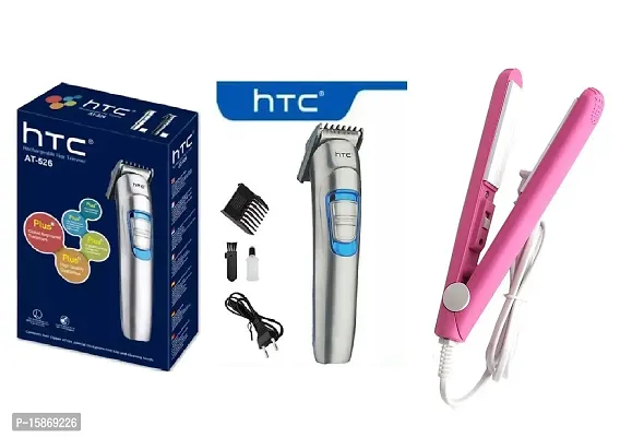 HTC AT-526 Rechargeable Hair Trimmer for Men and Mini Hair Straightener Pack of 2 Combo