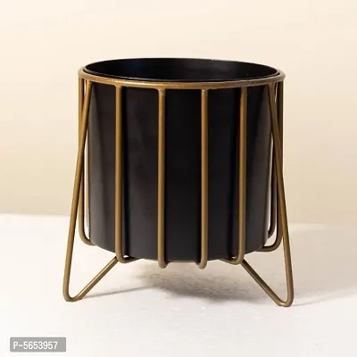 Black Metal Tabletop Planter with Gold Stand for home and Garden decor | 5Inch Metal Pot | Plants not included-thumb0