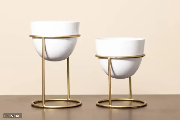 White Premium tabletop White Metal Planter with Gold Stand (Set of 2) | Plants not included