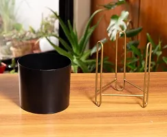 Black Metal Tabletop Planter with Gold Stand for home and Garden decor | 5Inch Metal Pot | Plants not included-thumb3