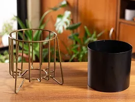 Black Metal Tabletop Planter with Gold Stand for home and Garden decor | 5Inch Metal Pot | Plants not included-thumb1