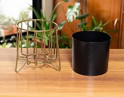 Black Metal Tabletop Planter with Gold Stand for home and Garden decor | 5Inch Metal Pot | Plants not included-thumb2