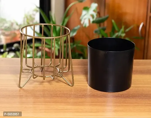 Black Metal Tabletop Planter with Gold Stand for home and Garden decor | 5Inch Metal Pot | Plants not included-thumb3