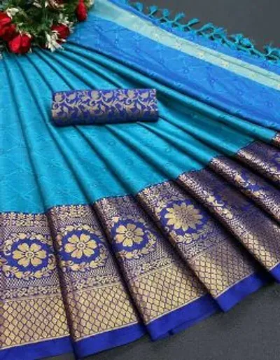 Beautiful Cotton Blend Woven Design Saree with Blouse piece