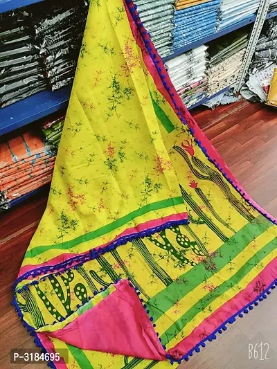 Buy Black Yellow Printed Floral Cotton Mulmul Saree Pompom Lace