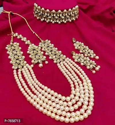 Shimmering Alloy Jewellery Set For Women- 2 Necklaces,  1 Pair Of Earrings And 1 Mangtikka