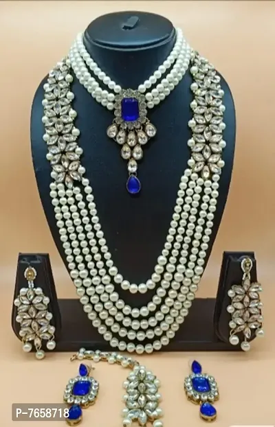 Shimmering Alloy Jewellery Set For Women- 2 Necklaces,  1 Pair Of Earrings And 1 Mangtikka