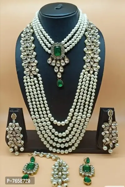 Shimmering Alloy Jewellery Set For Women- 2 Necklaces,  1 Pair Of Earrings And 1 Mangtikka-thumb0