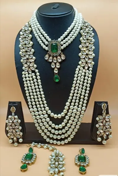 Trendy Copper Pearl Long Necklace Set with Choker and Earrings and Mangtika