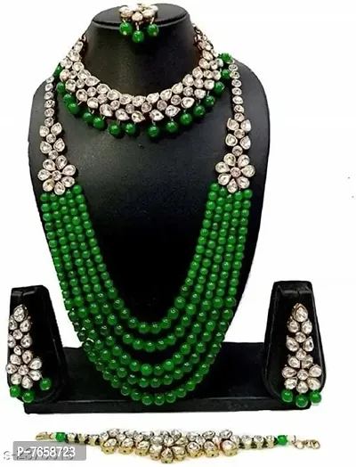 Shimmering Alloy Jewellery Set For Women- 2 Necklaces , 1 Pair Of Earrings , 1 Mangtikka And 1 Bracelet