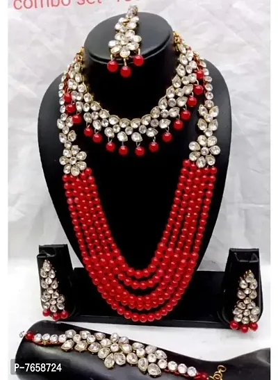 Shimmering Alloy Jewellery Set For Women- 2 Necklaces , 1 Pair Of Earrings , 1 Mangtikka And 1 Bracelet