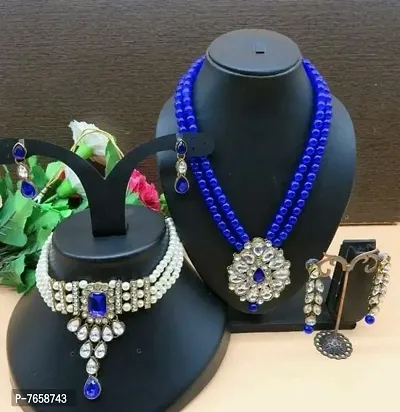 Shimmering Alloy Jewellery Set For Women- 2 Necklaces And 1 Pair Of Earrings