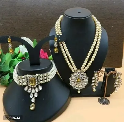 Shimmering Alloy Jewellery Set For Women- 2 Necklaces And 1 Pair Of Earrings