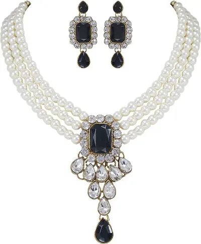 Elegant Alloy Pearl And Stones Necklace with Earrings