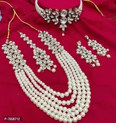 Shimmering Alloy Jewellery Set For Women- 2 Necklaces,  1 Pair Of Earrings And 1 Mangtikka