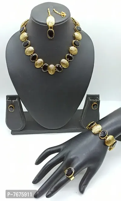 Stylish Fancy Necklace Set Combo 1 Necklace And 1 Pair Of Earring And 1 Rings And 1 Mangtikka With 1 Bracelete For Women-thumb0