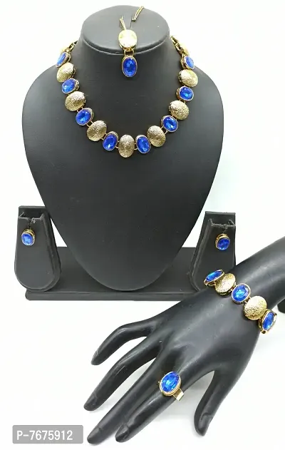 Stylish Fancy Necklace Set Combo 1 Necklace And 1 Pair Of Earring And 1 Rings And 1 Mangtikka With 1 Bracelete For Women