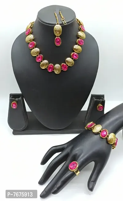 Stylish Fancy Necklace Set Combo 1 Necklace And 1 Pair Of Earring And 1 Rings And 1 Mangtikka With 1 Bracelete For Women