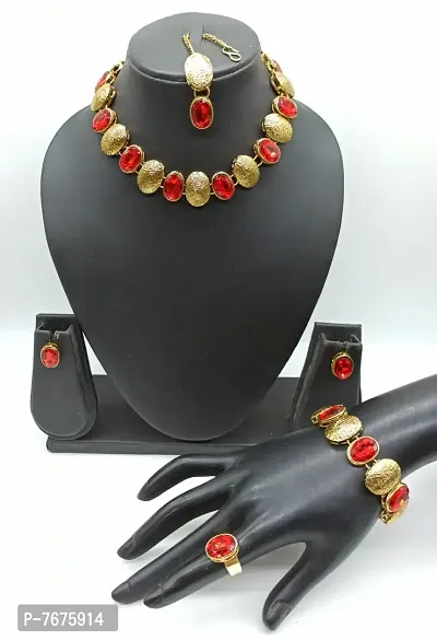 Stylish Fancy Necklace Set Combo 1 Necklace And 1 Pair Of Earring And 1 Rings And 1 Mangtikka With 1 Bracelete For Women