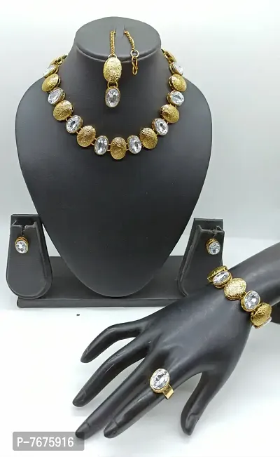 Stylish Fancy Necklace Set Combo 1 Necklace And 1 Pair Of Earring And 1 Rings And 1 Mangtikka With 1 Bracelete For Women