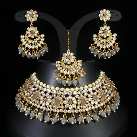 Stylish Fancy Necklace Set Combo 1 Necklace And 1 Pair Of Earring With 1 Mangtikka For Women