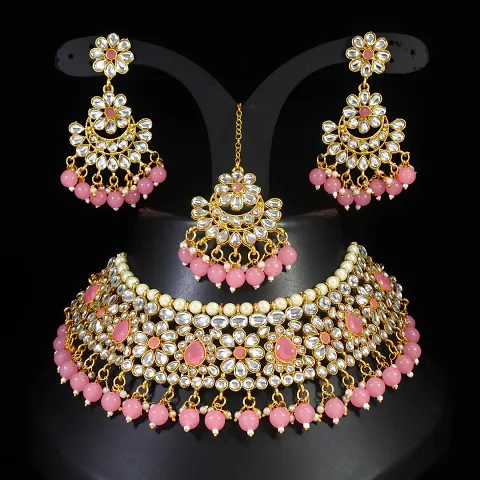 Stylish Fancy Necklace Set Combo 1 Necklace And 1 Pair Of Earring With 1 Mangtikka For Women