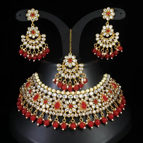 Stylish Fancy Necklace Set Combo 1 Necklace And 1 Pair Of Earring With 1 Mangtikka For Women