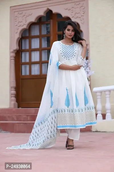 Stylish White Rayon Printed Straight Kurta, Bottom and Dupatta Set For Women-thumb0