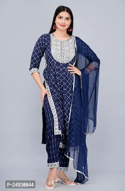 Stylish Navy Blue Rayon Printed Straight Kurta, Bottom and Dupatta Set For Women-thumb0