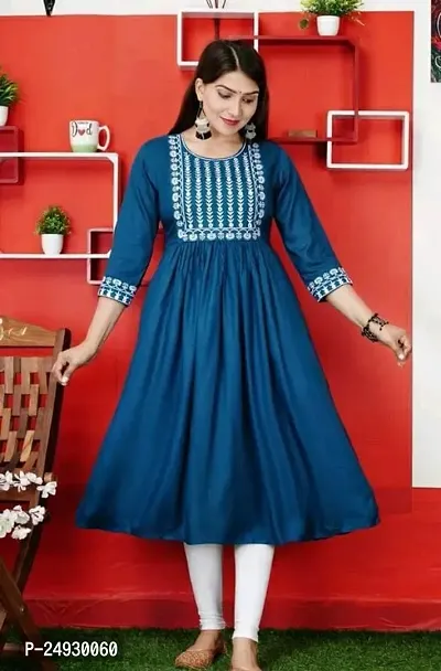 Stylish Navy Blue Rayon Printed Anarkali Stitched Ethnic Gown For Women