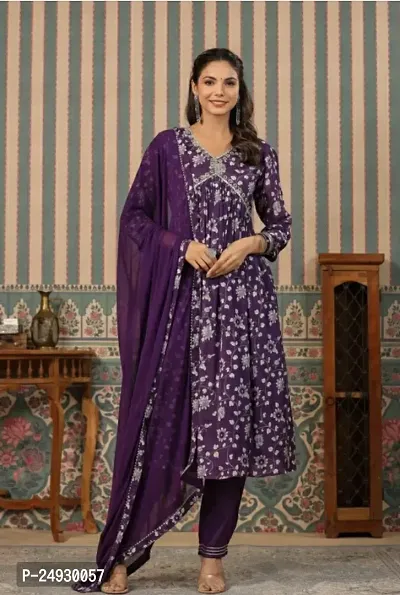 Stylish Purple Rayon Printed Straight Kurta, Bottom and Dupatta Set For Women