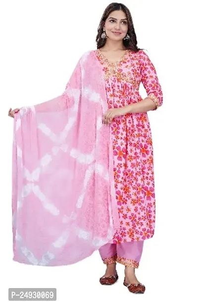 Stylish Pink Rayon Printed Straight Kurta, Bottom and Dupatta Set For Women