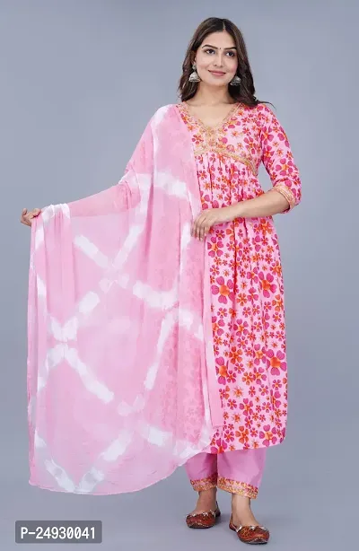 Stylish Pink Rayon Printed Straight Kurta, Bottom and Dupatta Set For Women