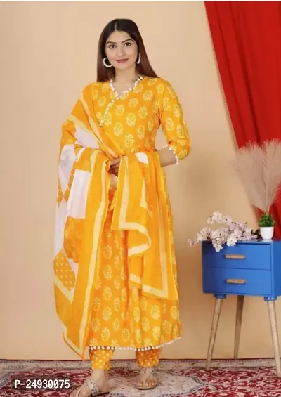 Stylish Yellow Rayon Printed Straight Kurta, Bottom and Dupatta Set For Women