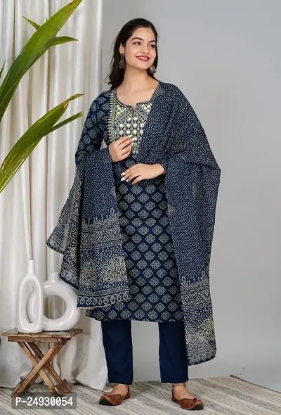 Stylish Navy Blue Rayon Printed Straight Kurta, Bottom and Dupatta Set For Women