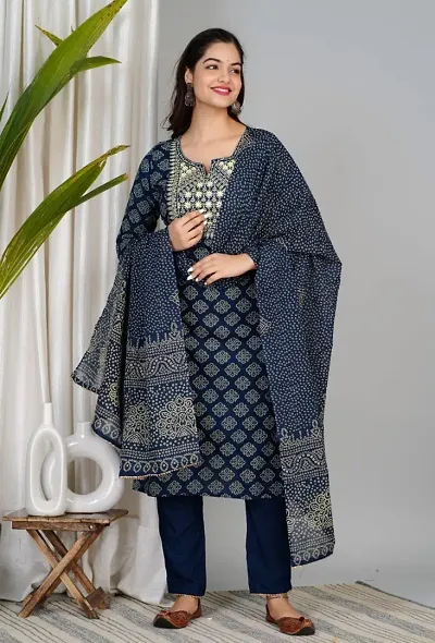 Stylish Rayon Straight Printed Kurta with Bottom And Dupatta Set