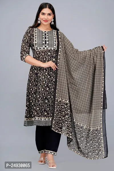 Stylish Black Rayon Printed Straight Kurta, Bottom and Dupatta Set For Women