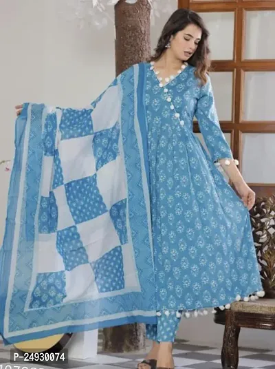 Stylish Blue Rayon Printed Straight Kurta, Bottom and Dupatta Set For Women